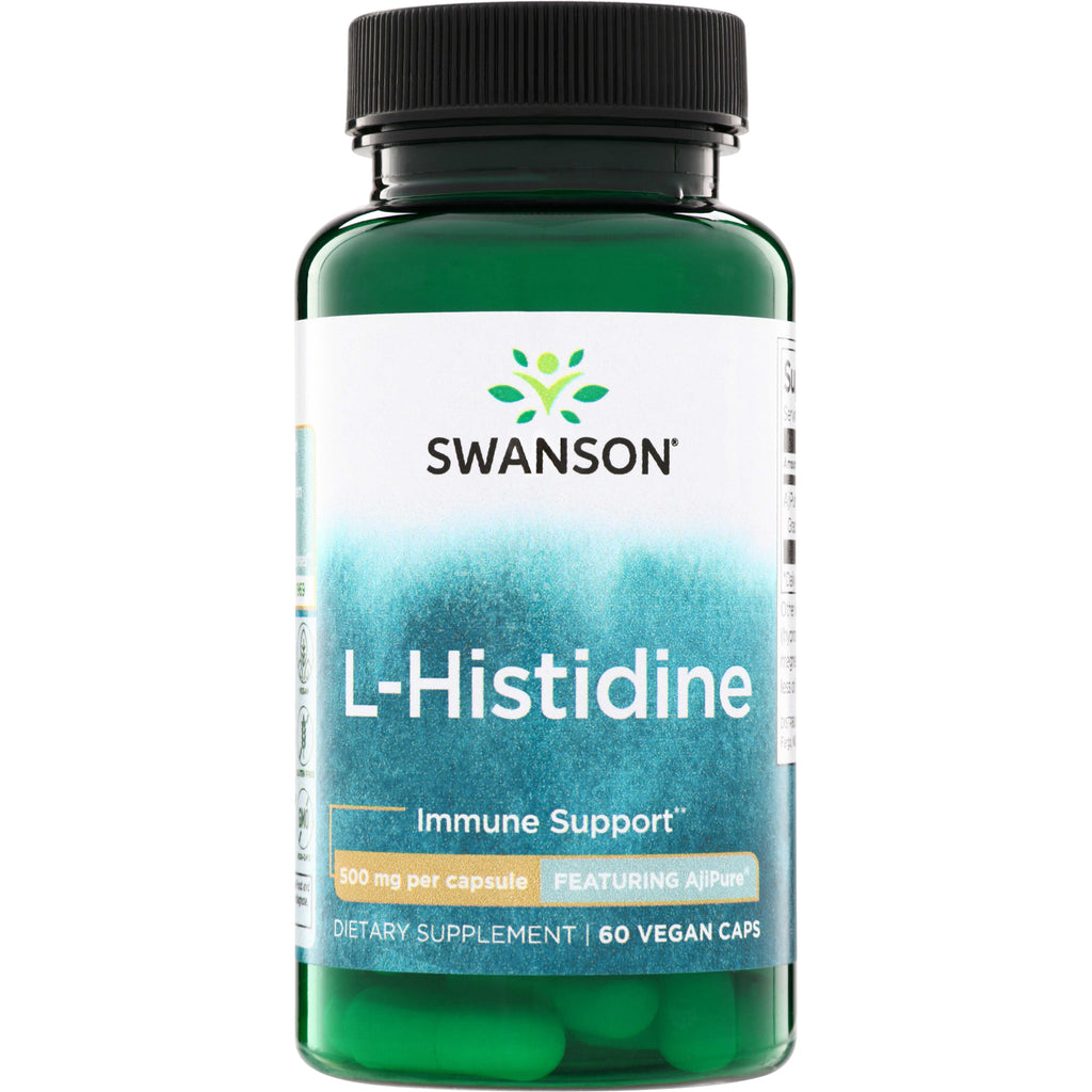 SWU479 | Swanson L-Histidine supplement bottle, Immune Support, 500 mg per capsule, 60 vegan caps - Thumbnail