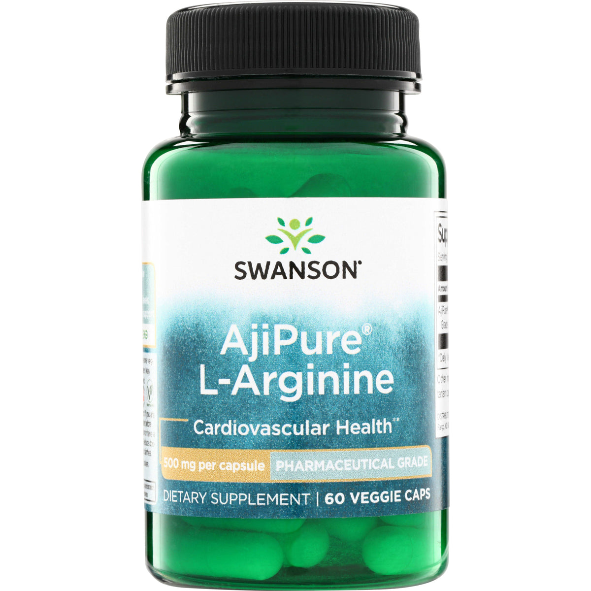 SWU454 | Swanson AjiPure L-Arginine 500 mg per capsule, 60 veggie caps bottle, front label, pharmaceutical grade