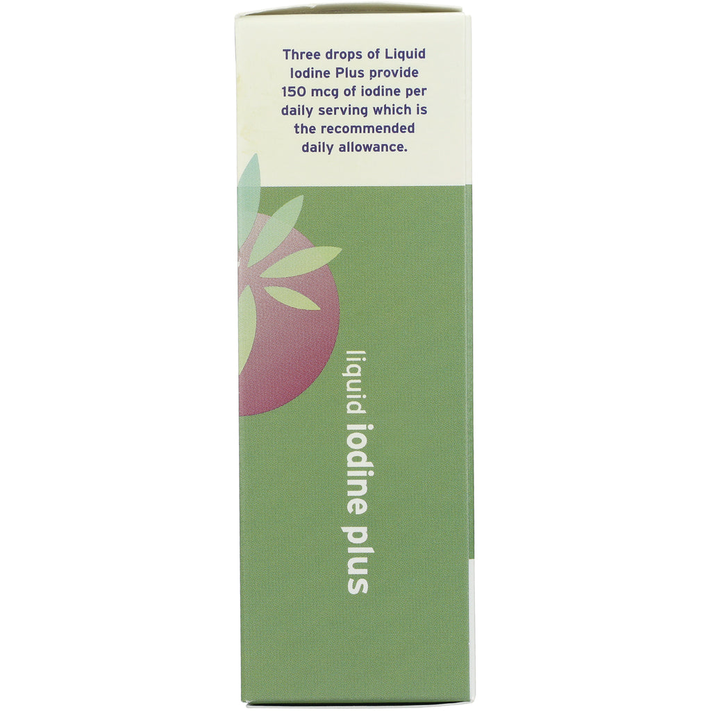 LFH023 | back panel of green Liquid Iodine Plus box stating three drops provide 150 mcg of iodine per daily serving - Thumbnail