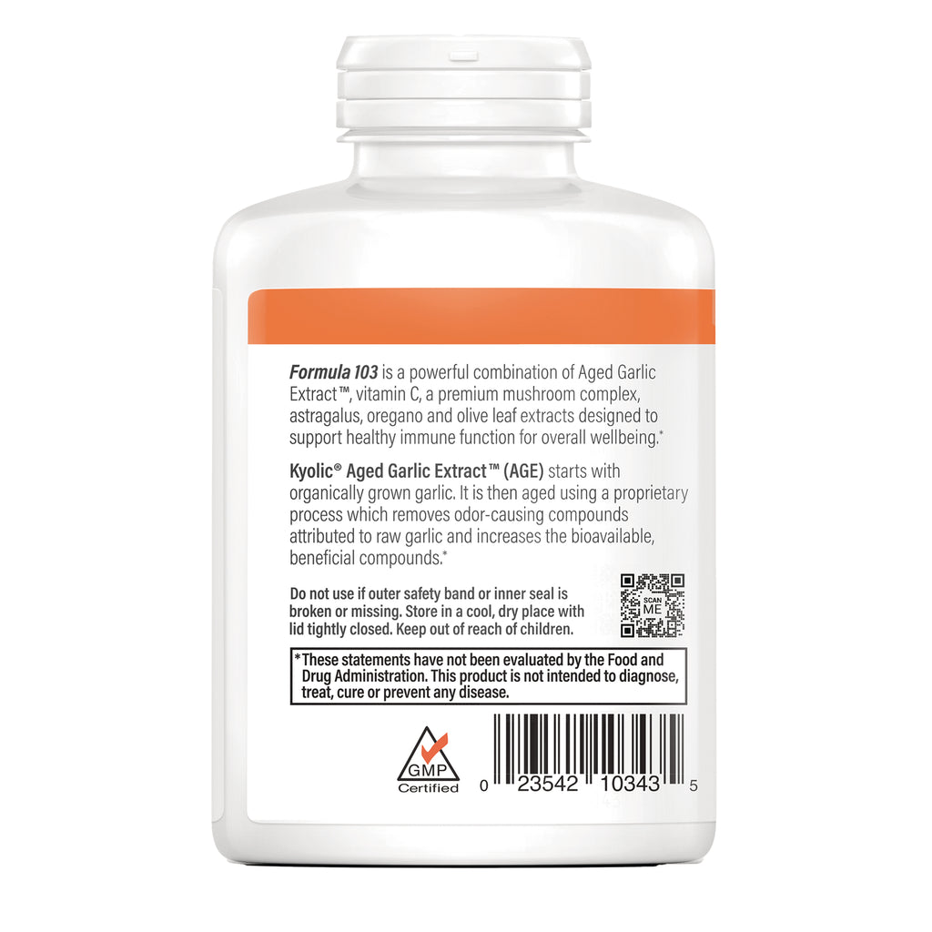 KY148 | Back label of white supplement bottle showing Formula 103 description, usage warnings, QR code and barcode - Thumbnail