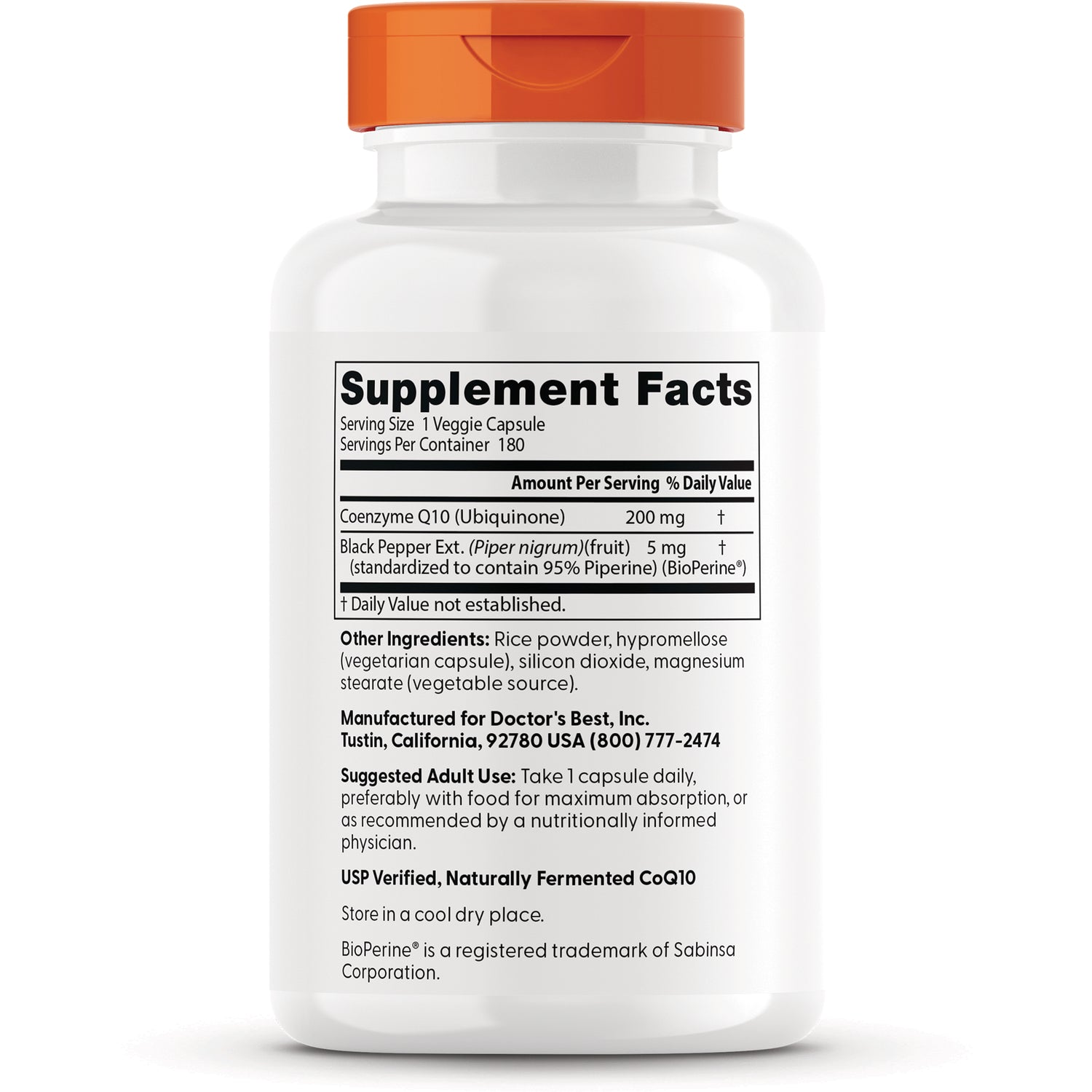 DB242 | back label showing Supplement Facts panel listing Coenzyme Q10 200 mg, black pepper extract, other ingredients and suggested use