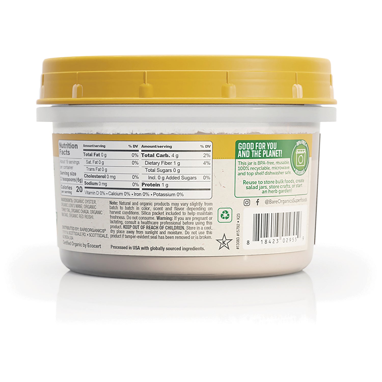 BOR028 | back of plastic container showing nutrition facts panel, barcode, recycling and product information