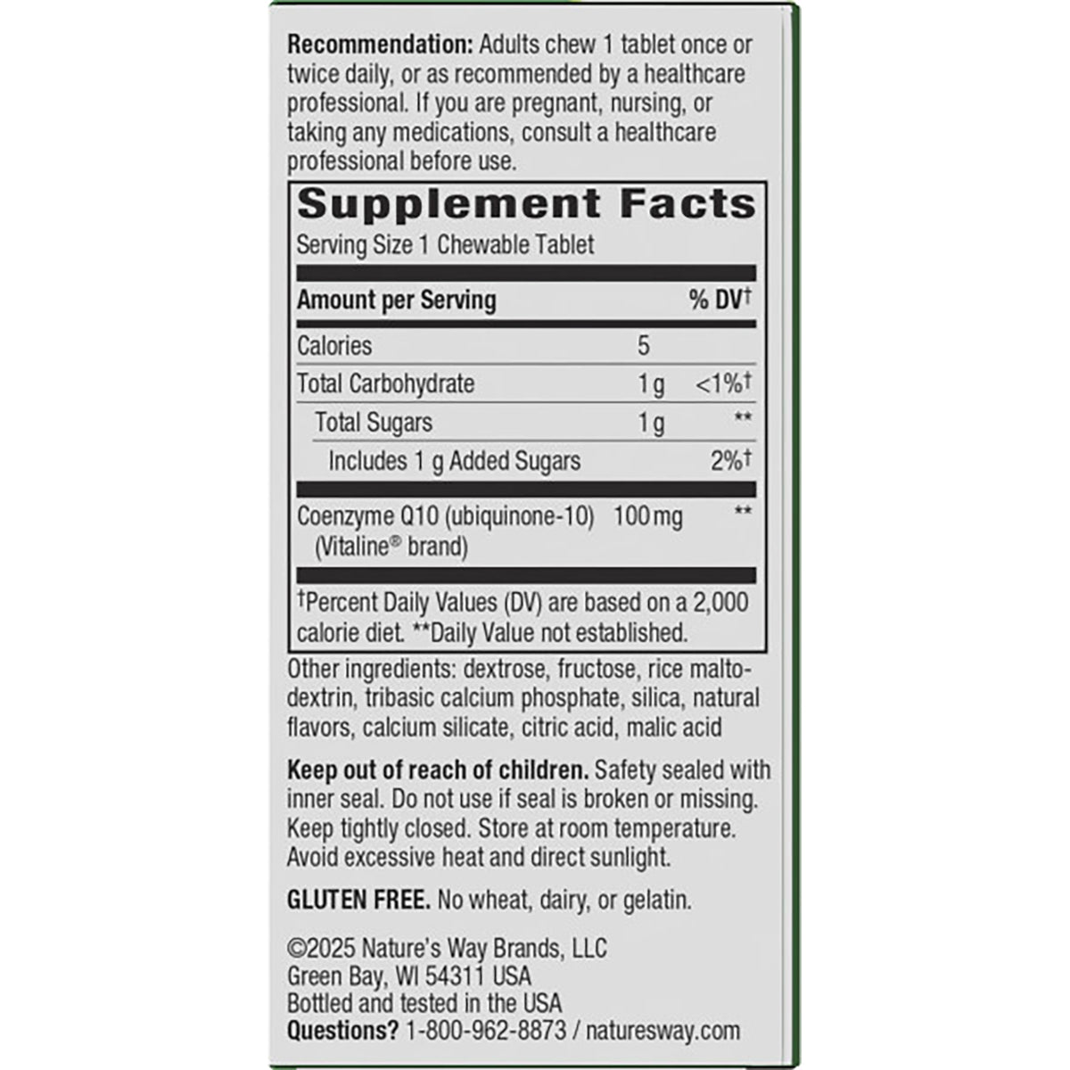 ET385 | Supplement Facts panel showing serving size 1 chewable tablet, Coenzyme Q10 100 mg, ingredients and warnings