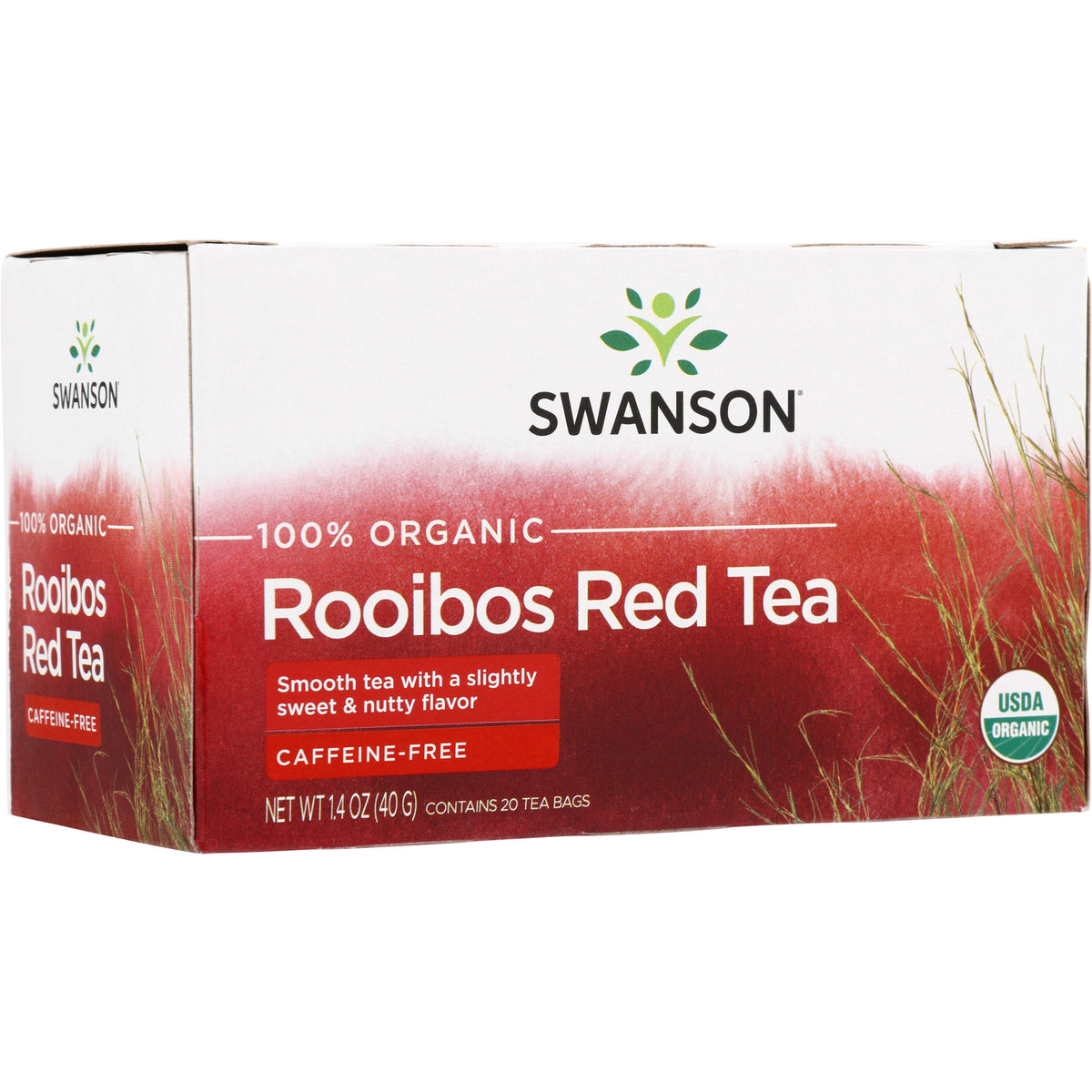 SWF082 | Swanson 100% Organic Rooibos Red Tea box, caffeine-free, smooth sweet & nutty flavor, USDA Organic, 20 tea bags