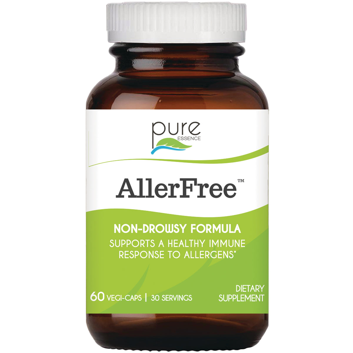PEL055 | Brown supplement bottle labeled AllerFree non-drowsy formula dietary supplement, 60 vegi-caps