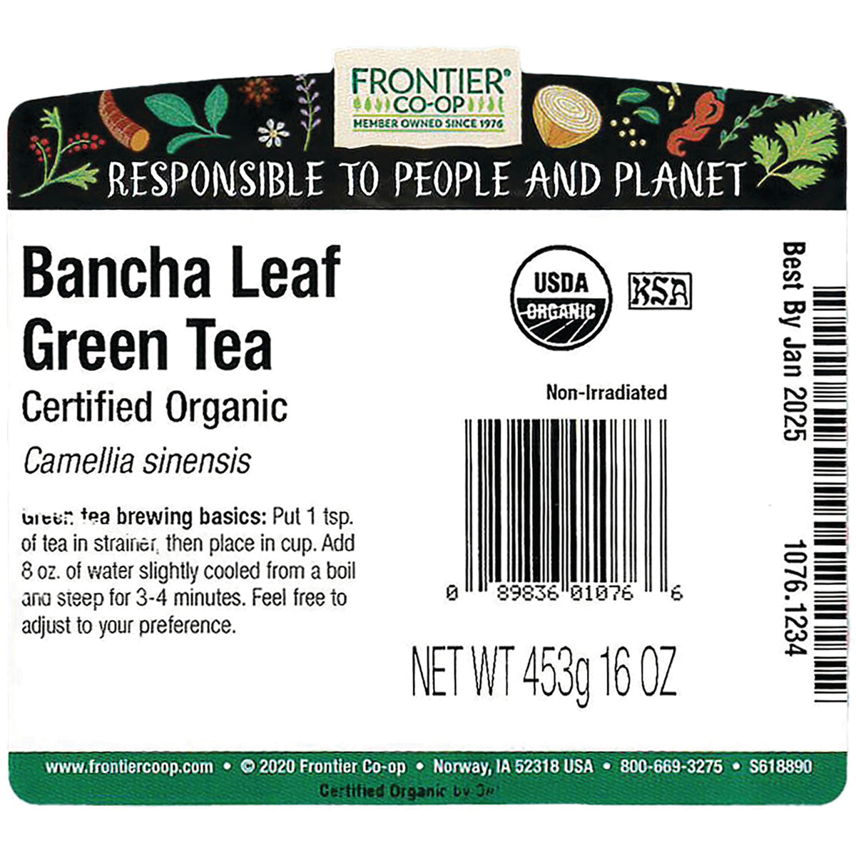 FNP084 | Back label of Bancha Leaf Green Tea showing barcode, brewing instructions, net wt 453g 16 OZ and USDA organic logo