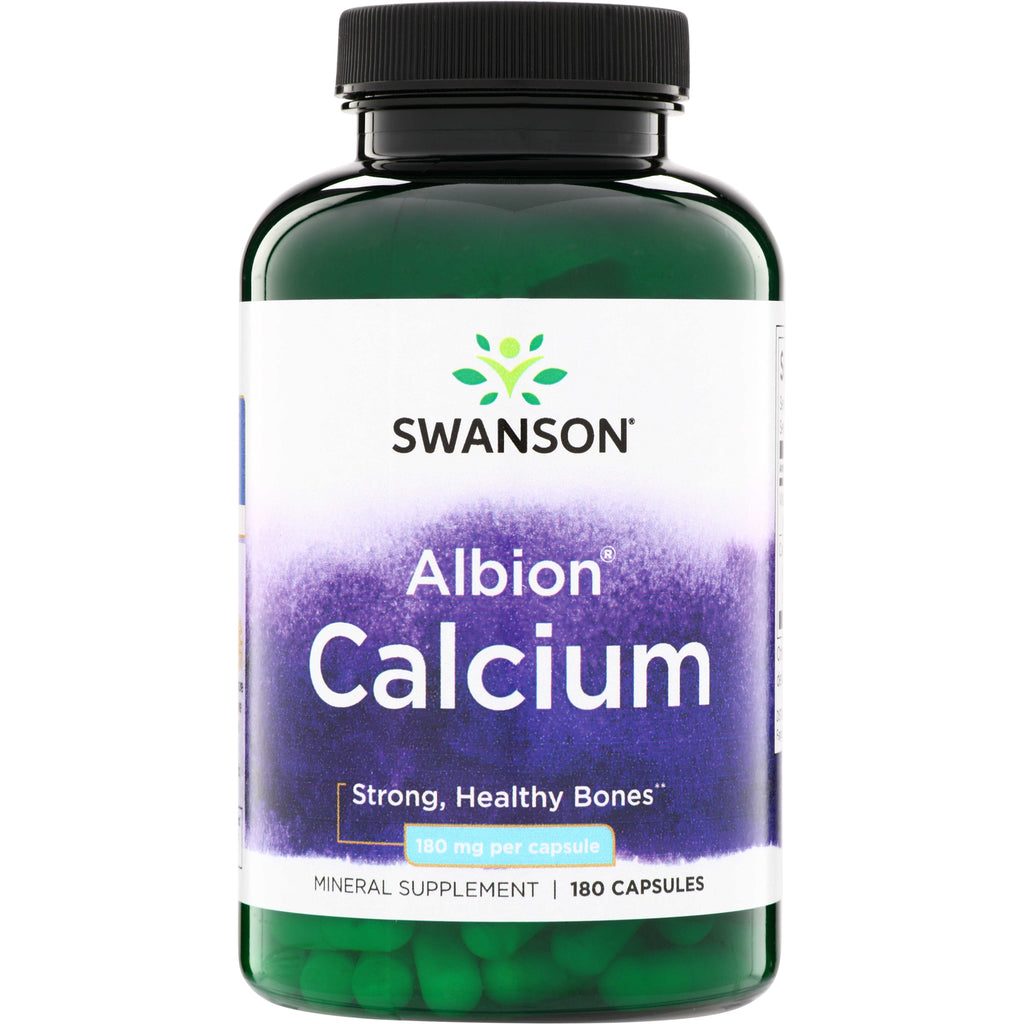 SWU064 | Swanson Albion Calcium supplement bottle, Strong, Healthy Bones, 180 mg per capsule, 180 capsules - Thumbnail