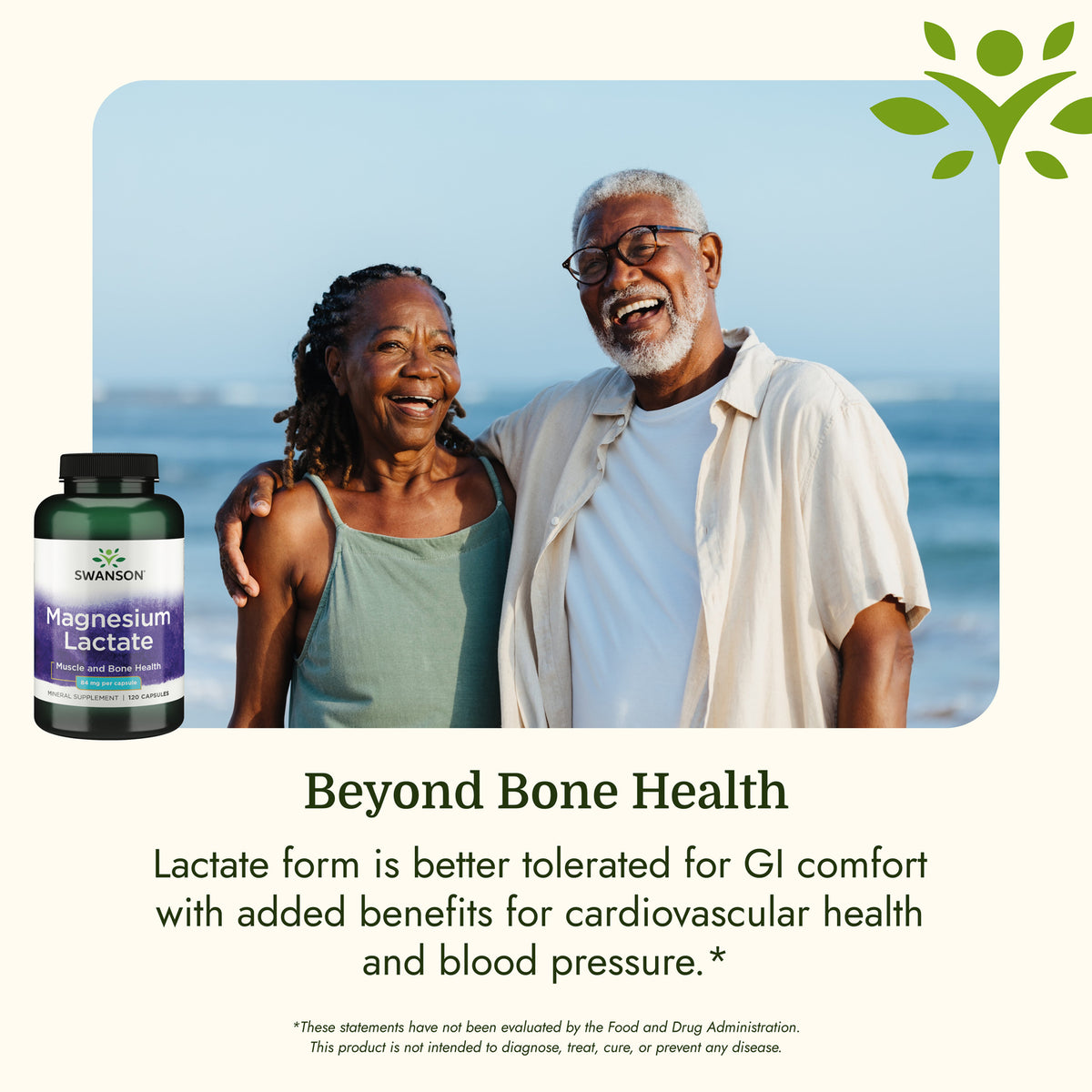 SW1525 | Smiling older couple by the beach with Swanson Magnesium Lactate and text about bone and GI health