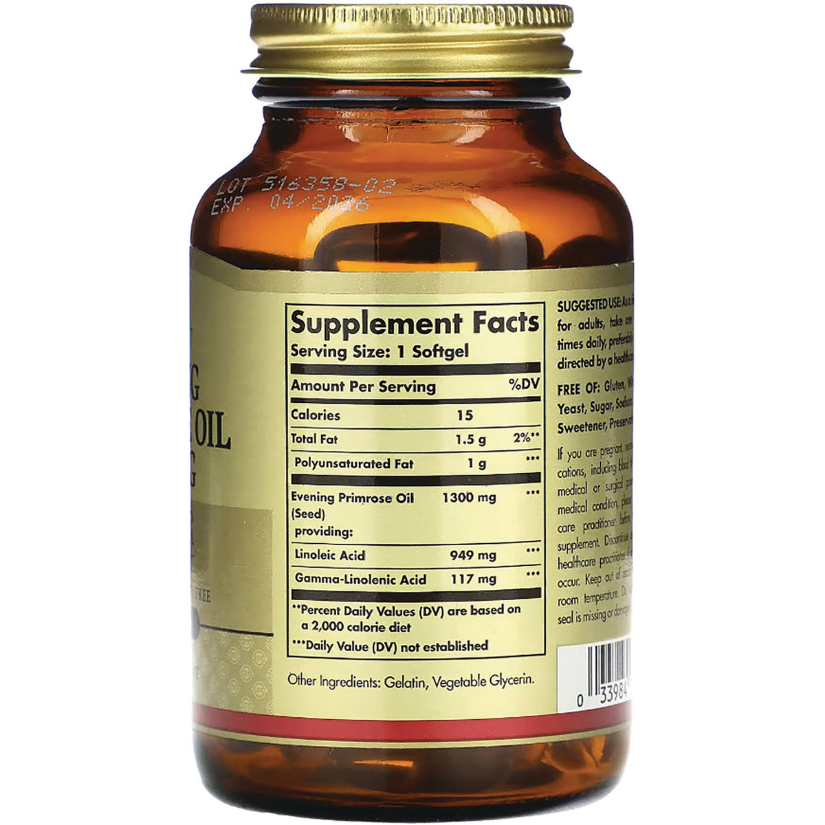 SLG277 | amber glass bottle back showing Supplement Facts label, serving size 1 Softgel and ingredient amounts
