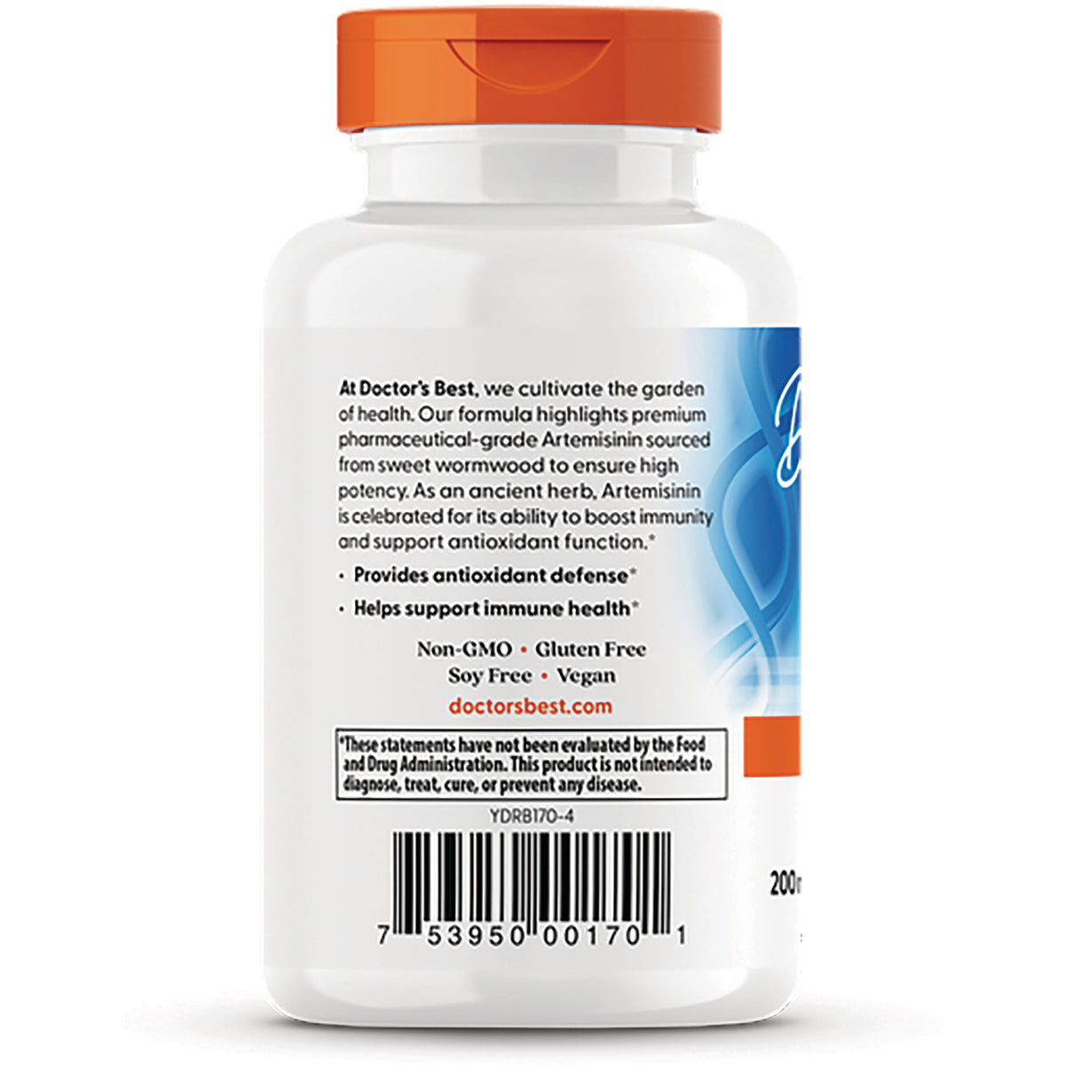 Supplement bottle back showing product claims, Non-GMO Gluten Free Vegan labels, doctorsbest.com and barcode