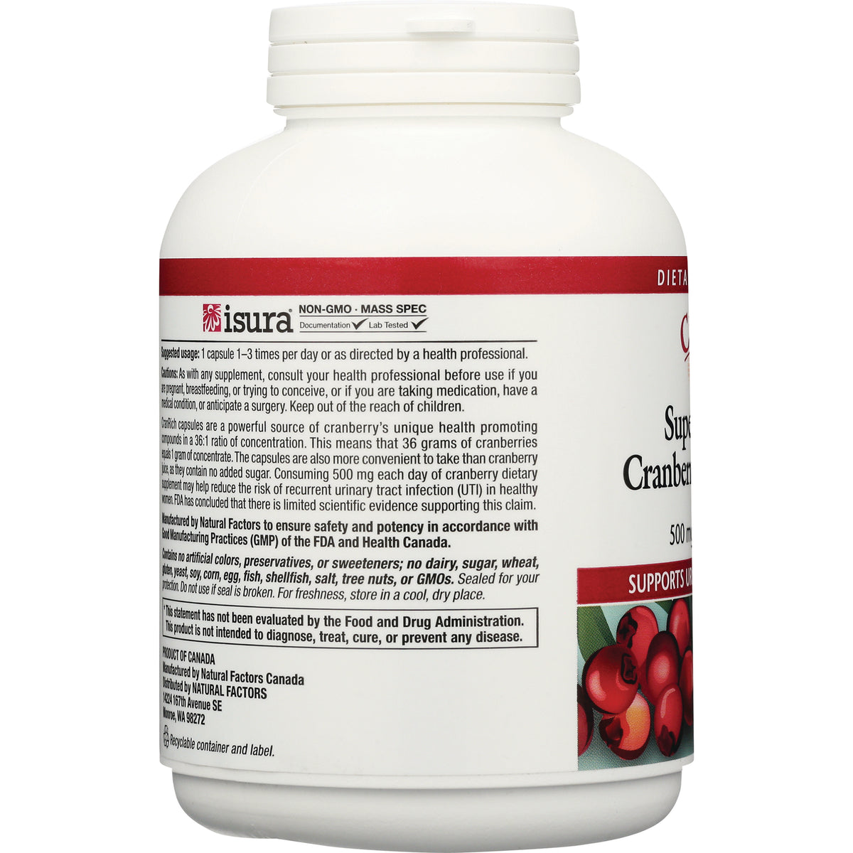 NFC143 | Back label of white supplement bottle showing usage instructions, ingredients, isura logo and FDA disclaimer
