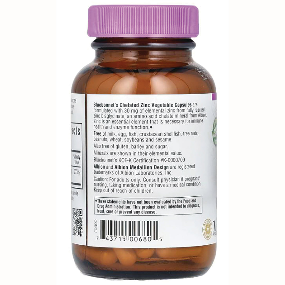 BLU069 | Back label of Bluebonnet's Chelated Zinc vegetable capsules bottle showing ingredients, warnings, and barcode