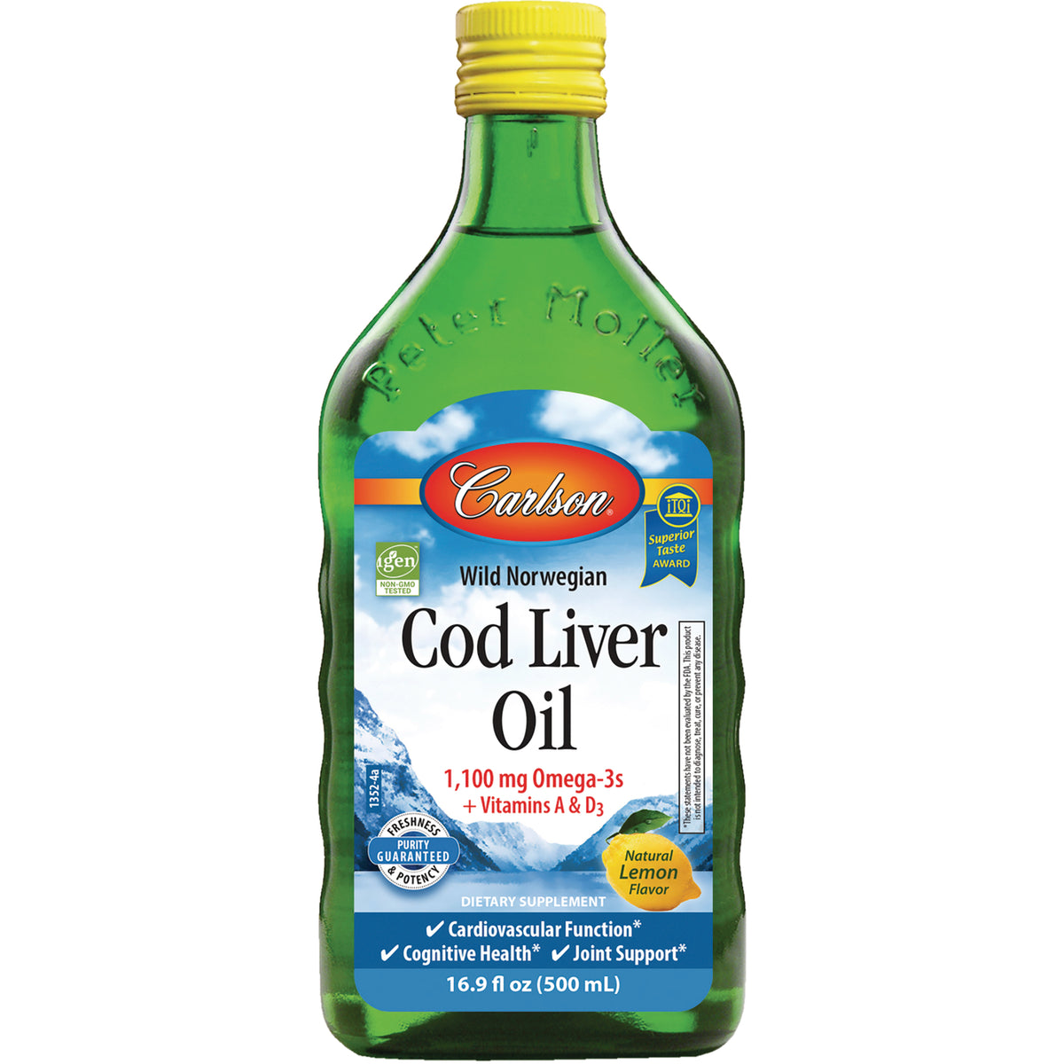 CSN009 | Carlson Wild Norwegian Cod Liver Oil bottle, natural lemon flavor, 16.9 fl oz