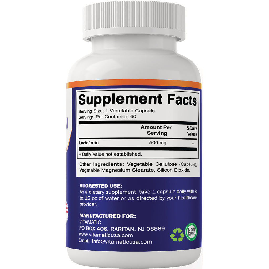 VAM021 | Supplement Facts panel for lactoferrin 500 mg, 1 vegetable capsule serving, 60 servings per container - Thumbnail
