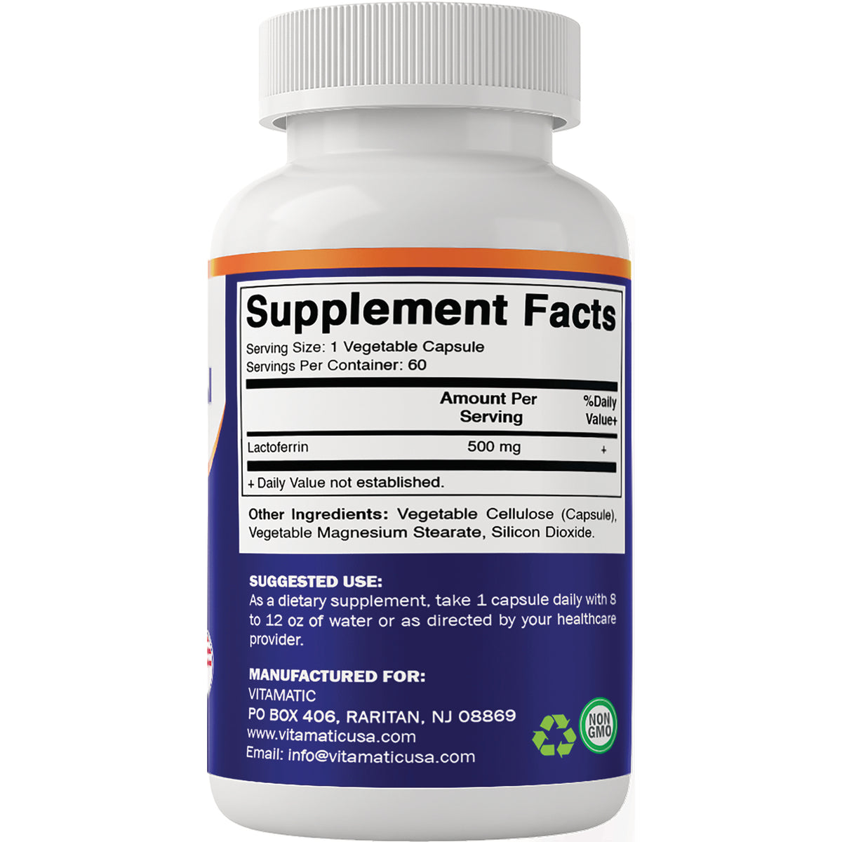 VAM021 | Supplement Facts panel for lactoferrin 500 mg, 1 vegetable capsule serving, 60 servings per container