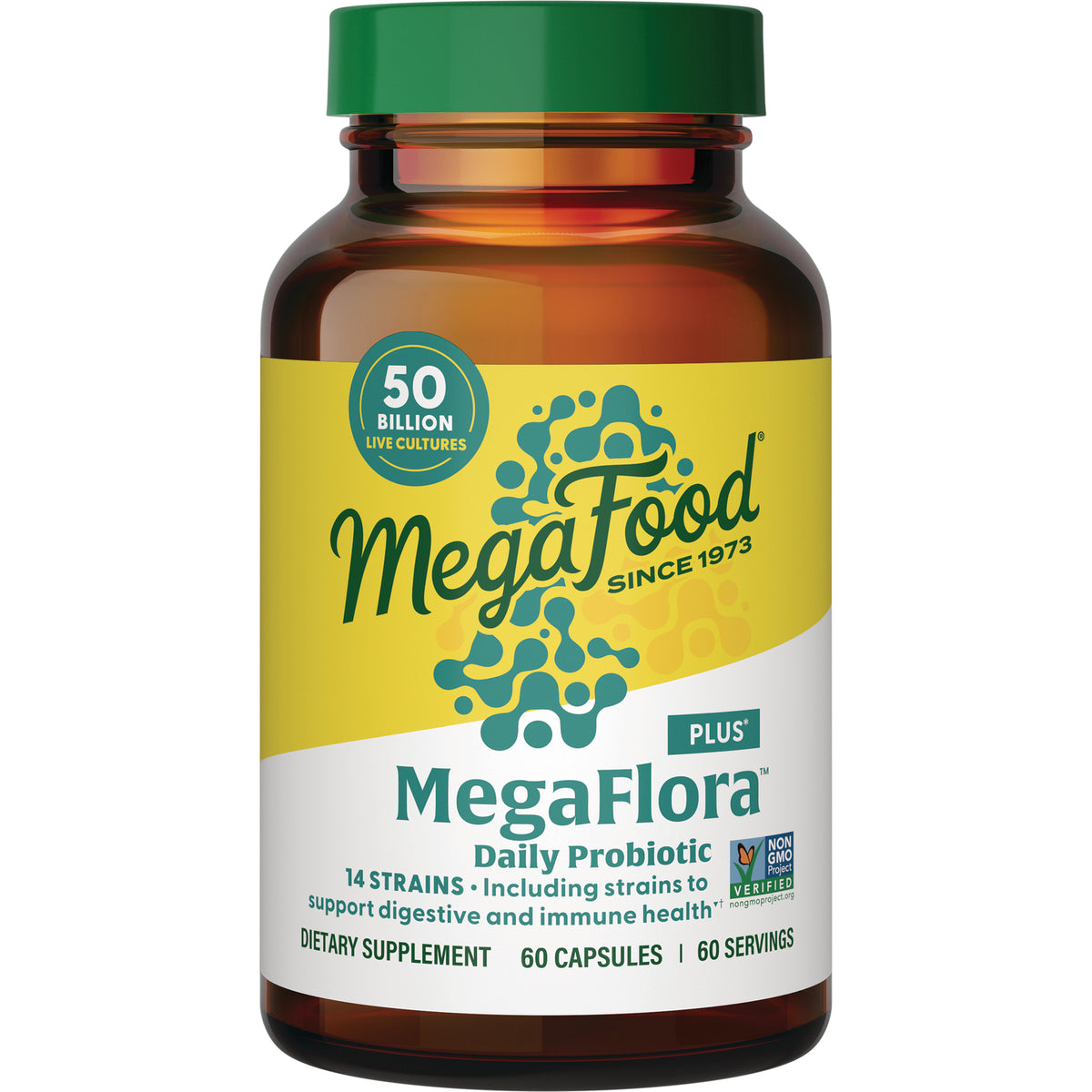 MGF061 | Amber bottle with green cap labeled MegaFood MegaFlora Daily Probiotic 60 capsules 50 billion live cultures