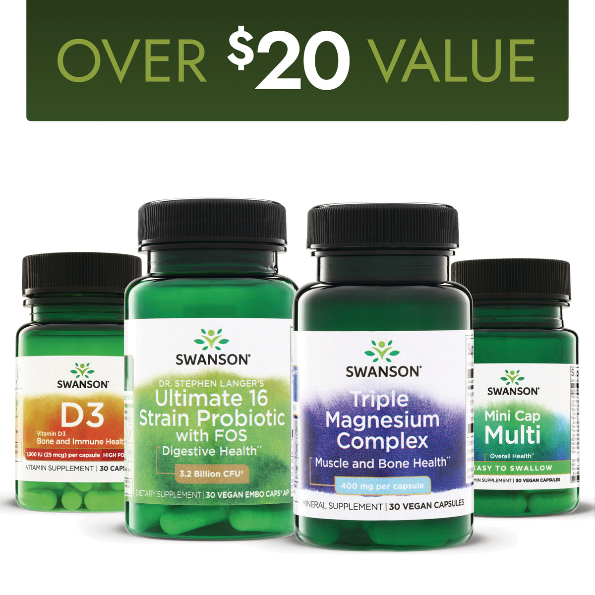 SW1977 | Over $20 value bundle with Swanson D3, Ultimate 16 Strain Probiotic, Mini Cap Multi, and Triple Magnesium Complex