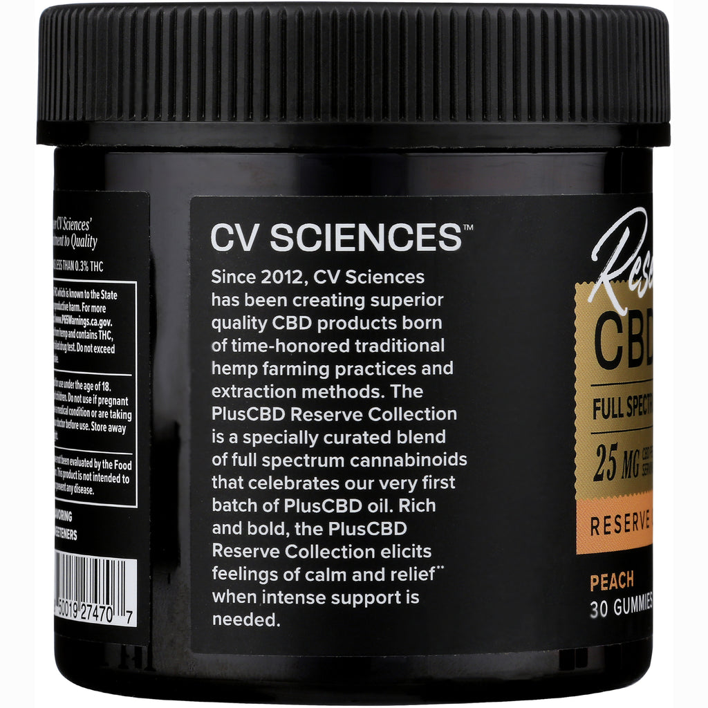 CV046 | black jar side label reading CV SCIENCES with Reserve Collection description and peach 30 gummies callout - Thumbnail