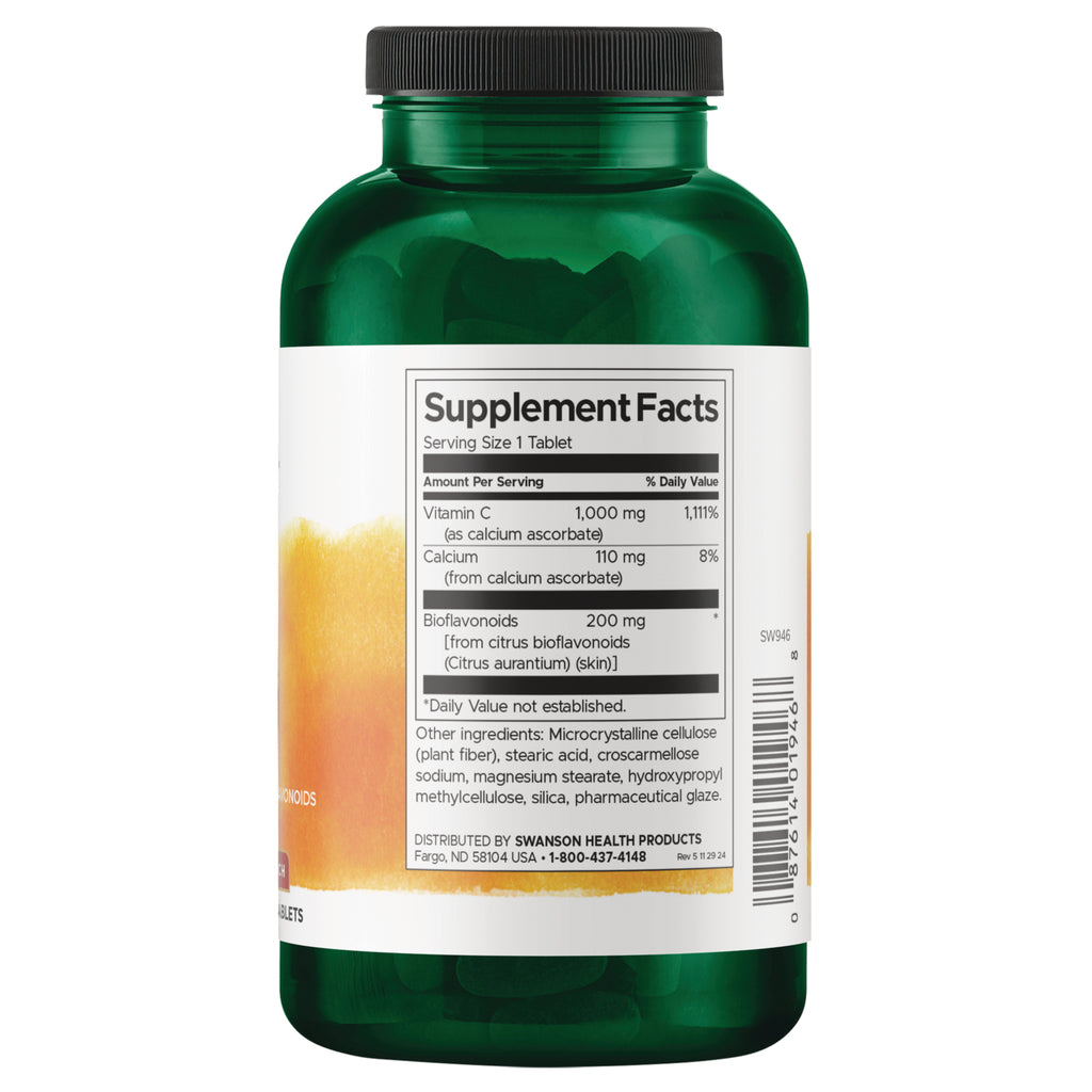 SW946 | Back label of supplement bottle showing Supplement Facts for vitamin C 1000 mg, calcium 110 mg, bioflavonoids 200 mg - Thumbnail