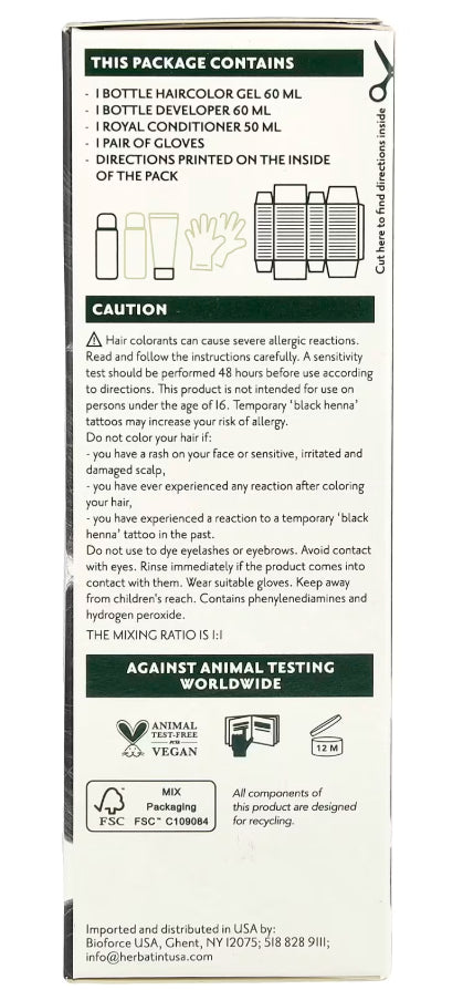 HBT005 | Back of hair color kit box listing haircolor gel 60 ml, developer 60 ml, conditioner 50 ml, gloves and safety cautions - Thumbnail