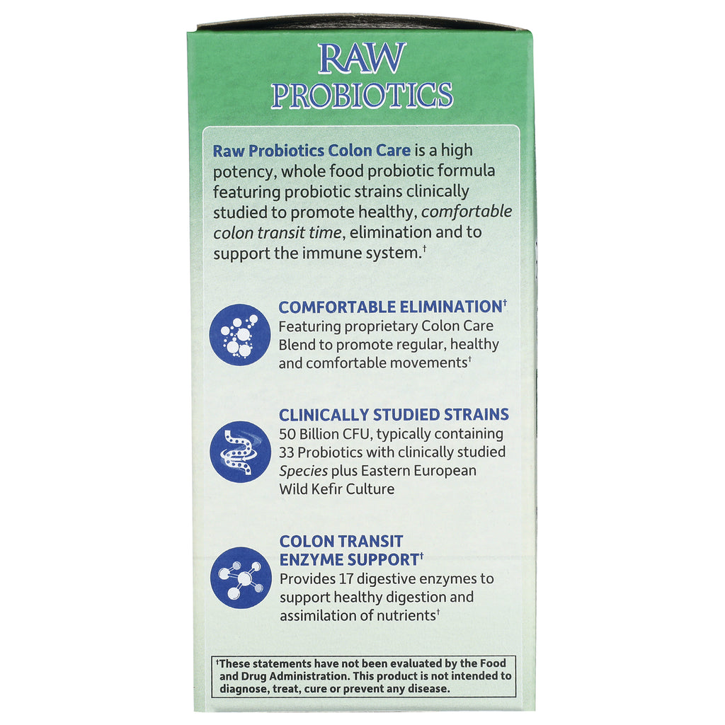 GLF152 | Back panel of Raw Probiotics Colon Care box listing benefits, studied strains and enzyme support - Thumbnail