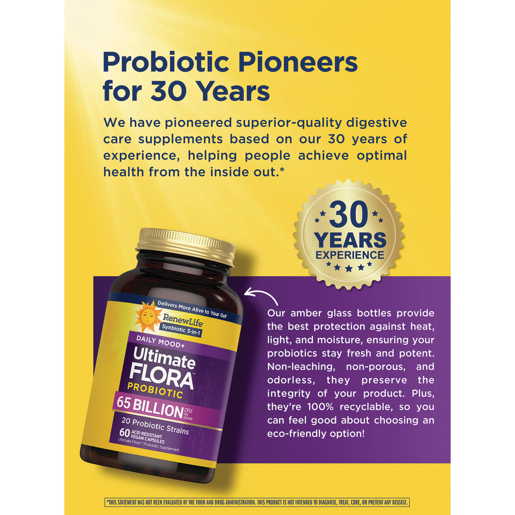 RNL255 | product infographic showing Ultimate Flora probiotic bottle, 30 years experience badge, and amber glass benefits - Thumbnail