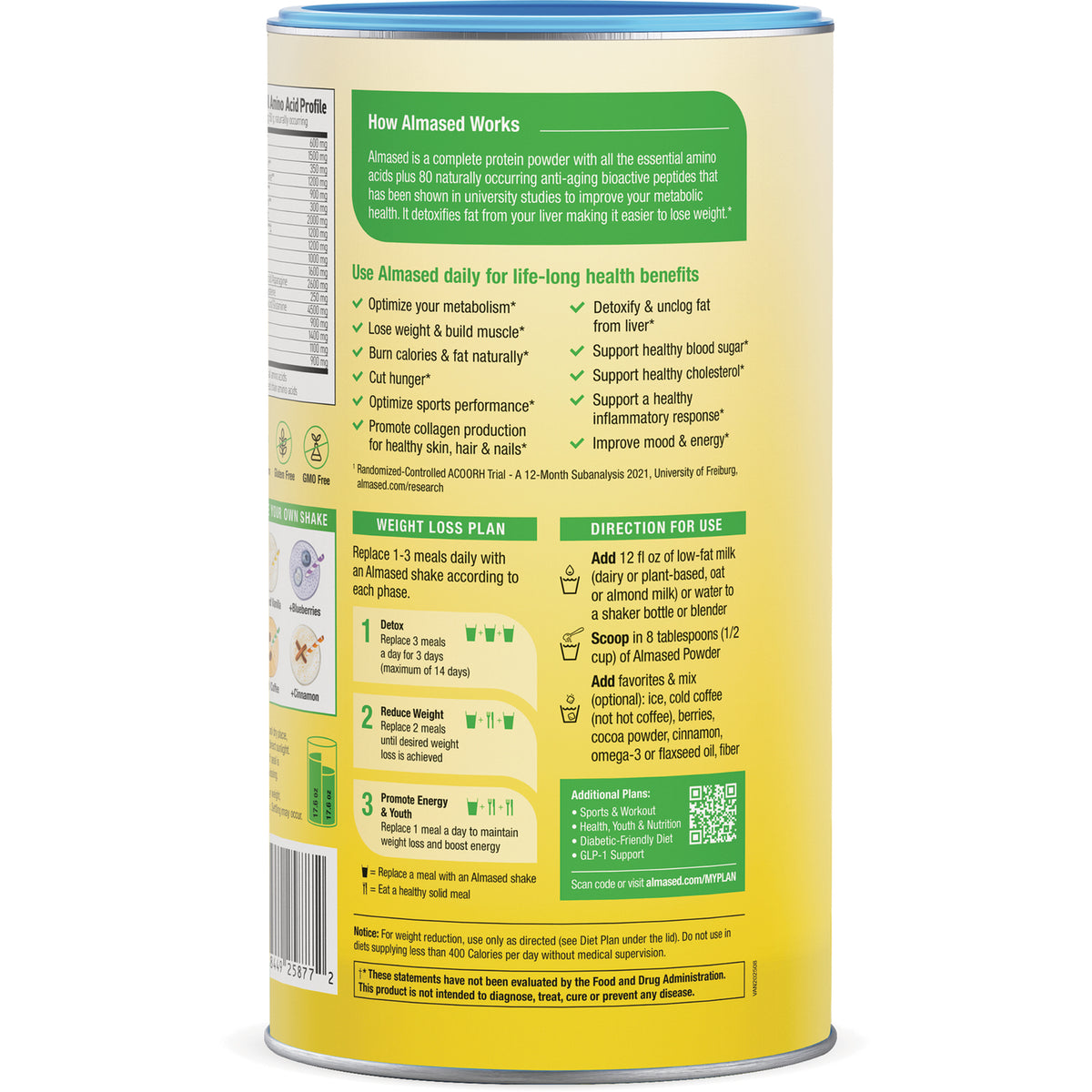 ALM001 | Back label with directions for use, weight loss plan, benefits checklist, and QR code