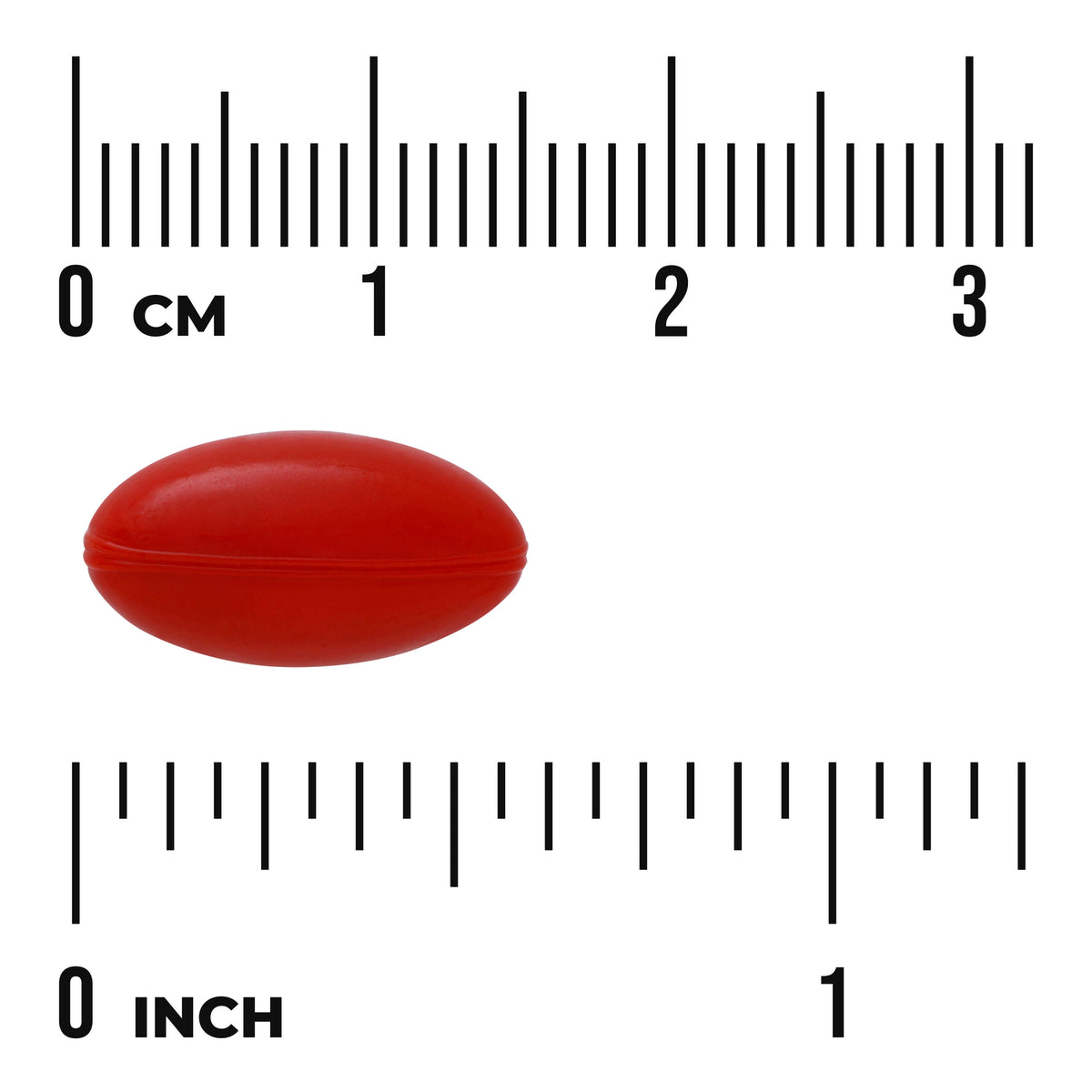 SWU986 | red oval softgel shown against centimeter and inch rulers for size reference