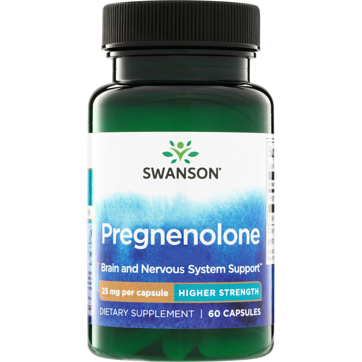 SWU316 | Swanson Pregnenolone supplement bottle, 25 mg per capsule, 60 capsules, Higher Strength