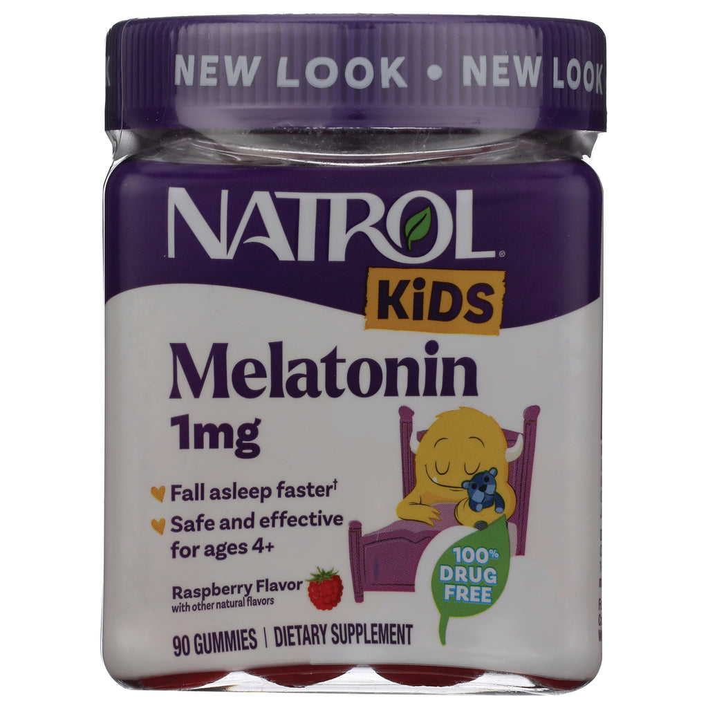 NA617 | Natrol Kids Melatonin 1 mg raspberry gummy supplement bottle front showing label and 90 gummies - Thumbnail