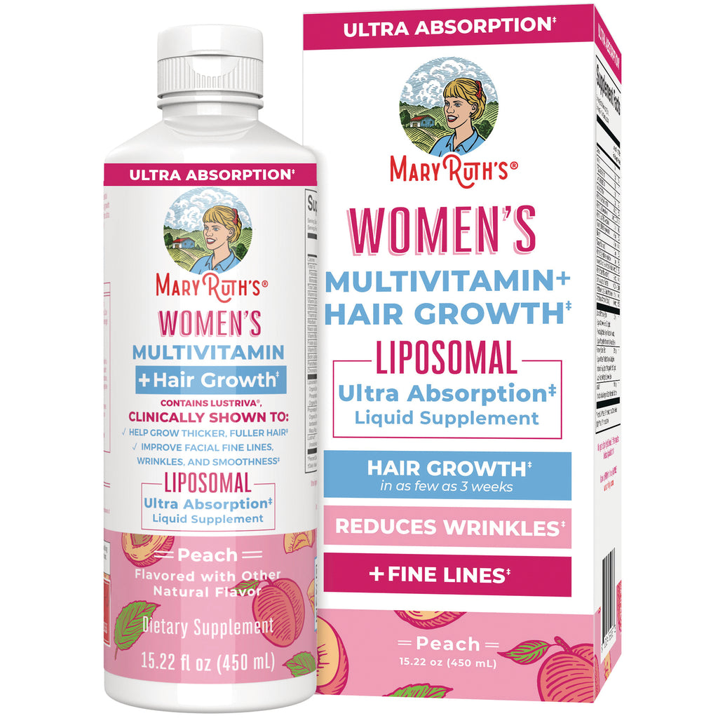 MRR024 | MaryRuth's Women's Multivitamin + Hair Growth liposomal liquid supplement bottle and box, peach 15.22 fl oz - Thumbnail