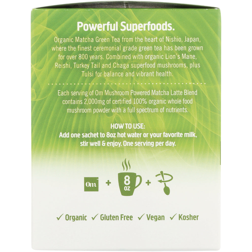 MMX037 | Back of green Om Mushroom matcha latte box with product description, how to use instructions and organic gluten free vegan kosher icons - Thumbnail