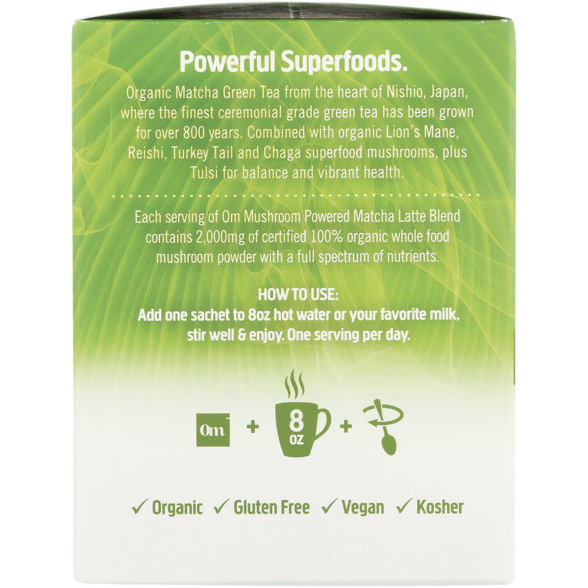 MMX037 | Back of green Om Mushroom matcha latte box with product description, how to use instructions and organic gluten free vegan kosher icons