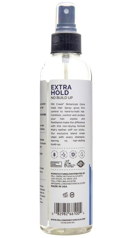 MCB030 | Back label of clear spray bottle reading EXTRA HOLD NO BUILD UP with ingredients and barcode