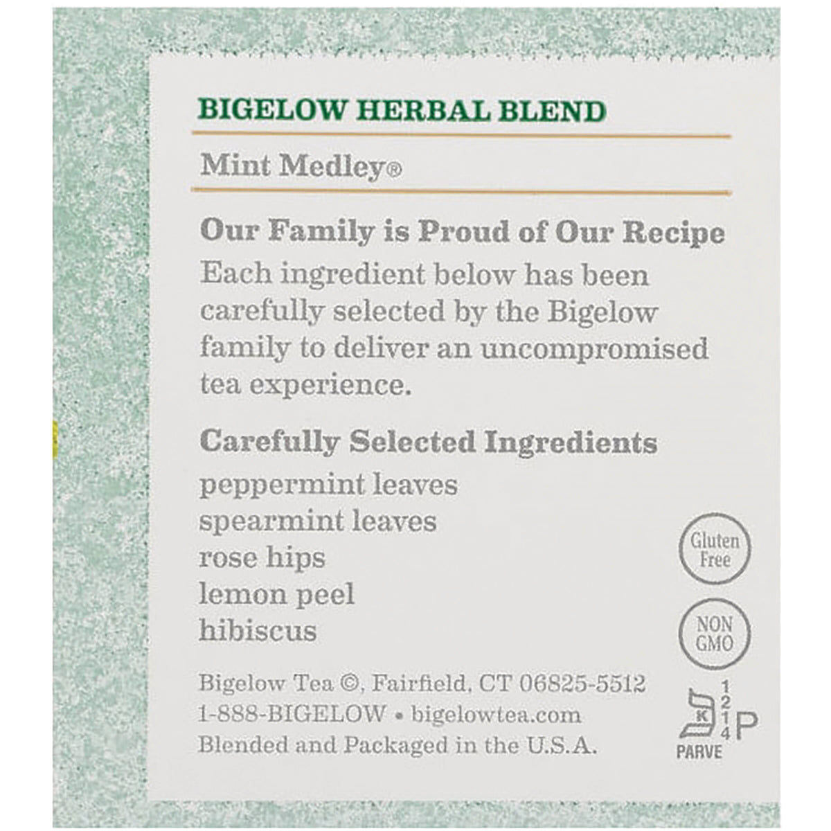 BGT003 | Back panel listing ingredients: peppermint, spearmint, rose hips, lemon peel, hibiscus; Gluten Free, Non GMO