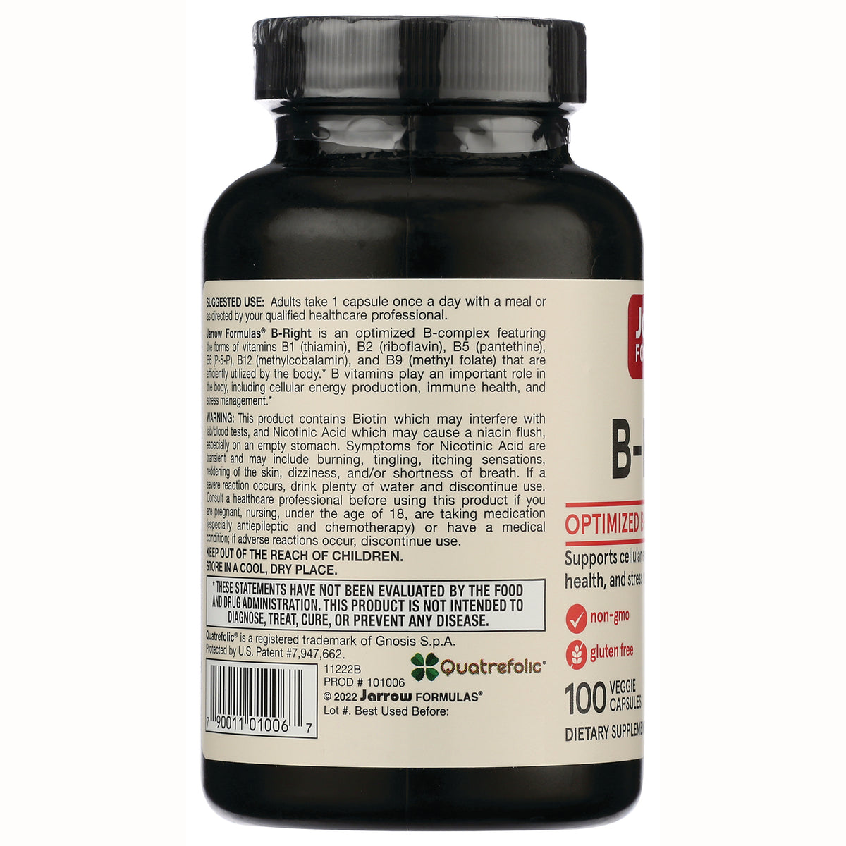 JR009 | Back label of dark supplement bottle showing suggested use, warnings, barcode, and product details