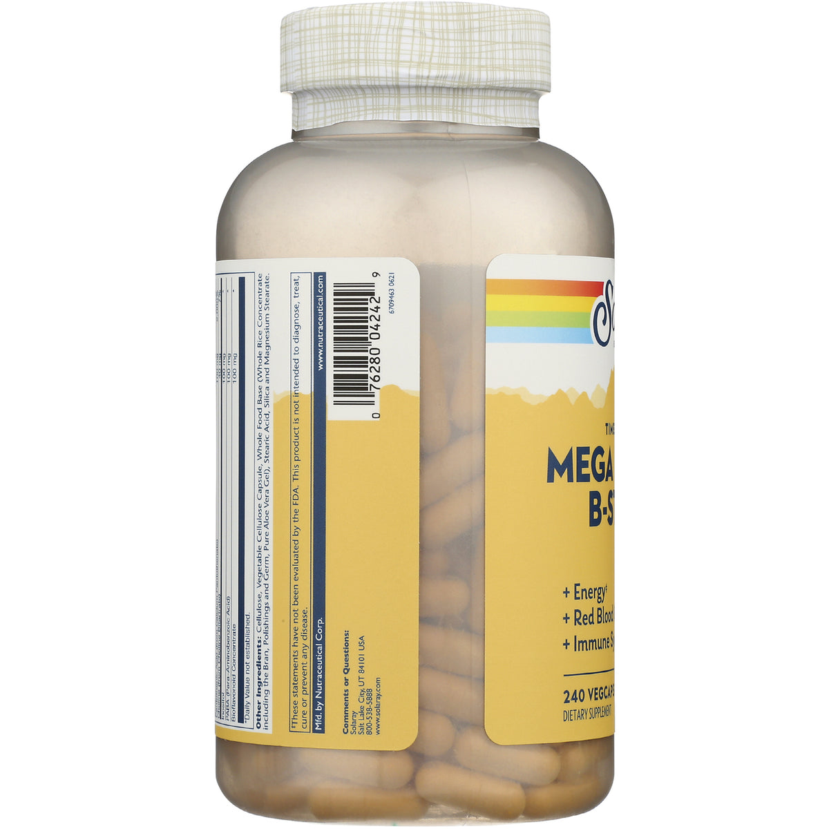 SLR453 | back label of yellow supplement bottle showing barcode, ingredient panel and visible capsules