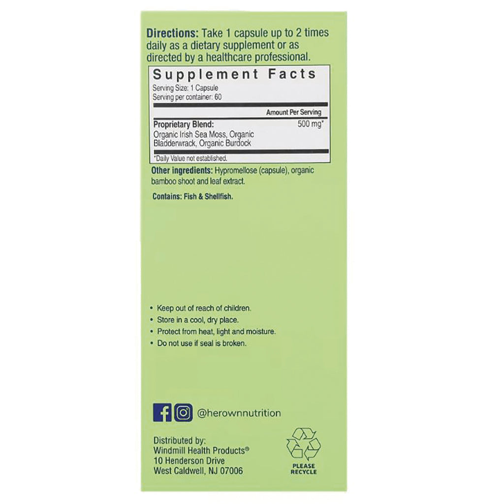 HO007 | back panel of green supplement box showing Directions, Supplement Facts, other ingredients and Contains Fish & Shellfish - Thumbnail