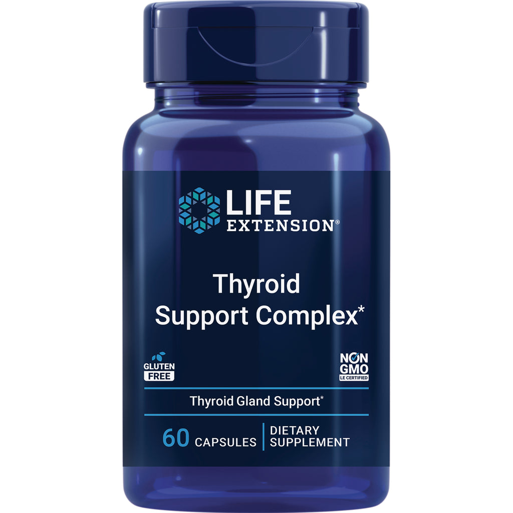 LE393 | Front view of Life Extension Thyroid Support Complex dietary supplement bottle, 60 capsules, gluten free, non-GMO - Thumbnail