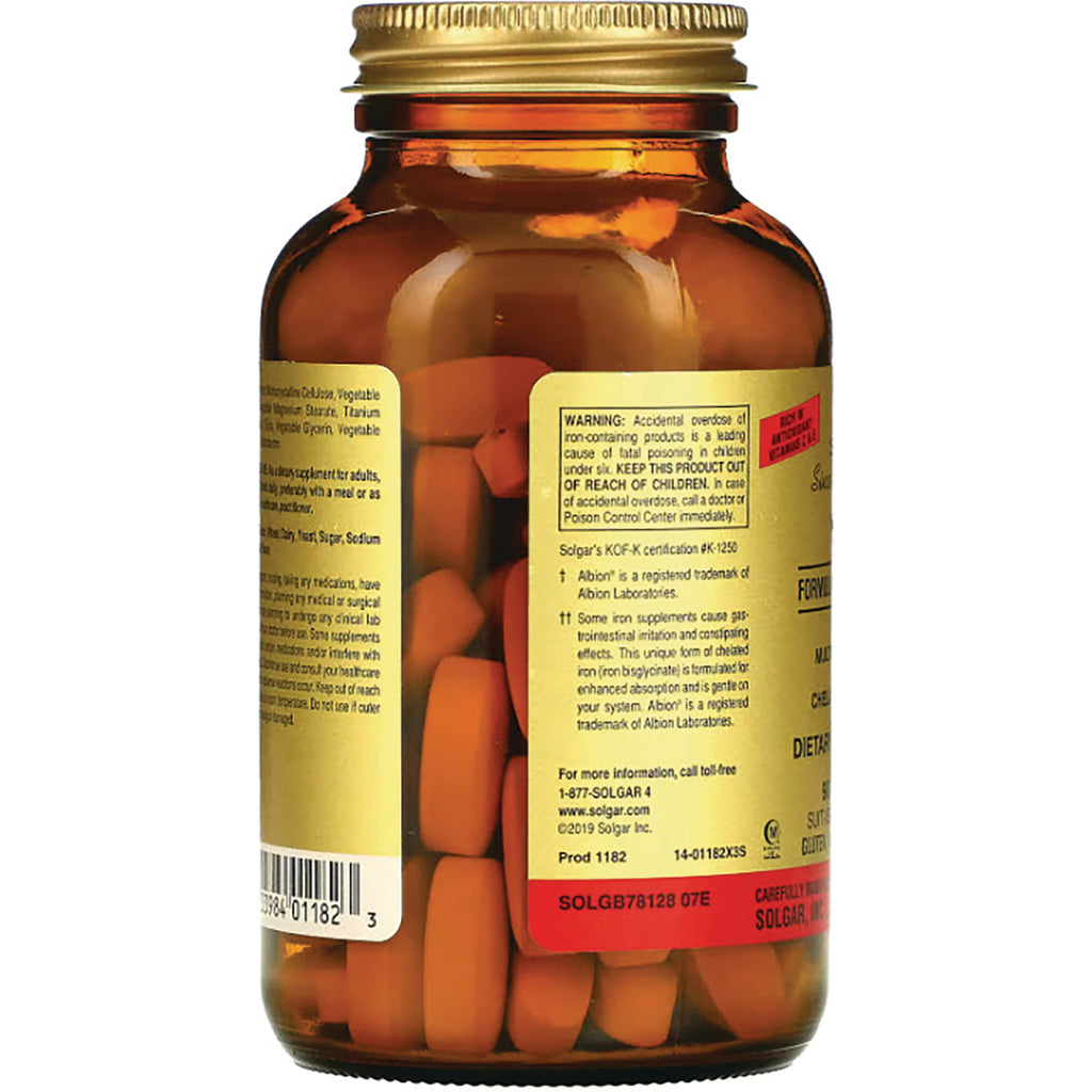 SLG223 | amber glass supplement bottle back showing warning label, barcode, and orange tablets inside - Thumbnail