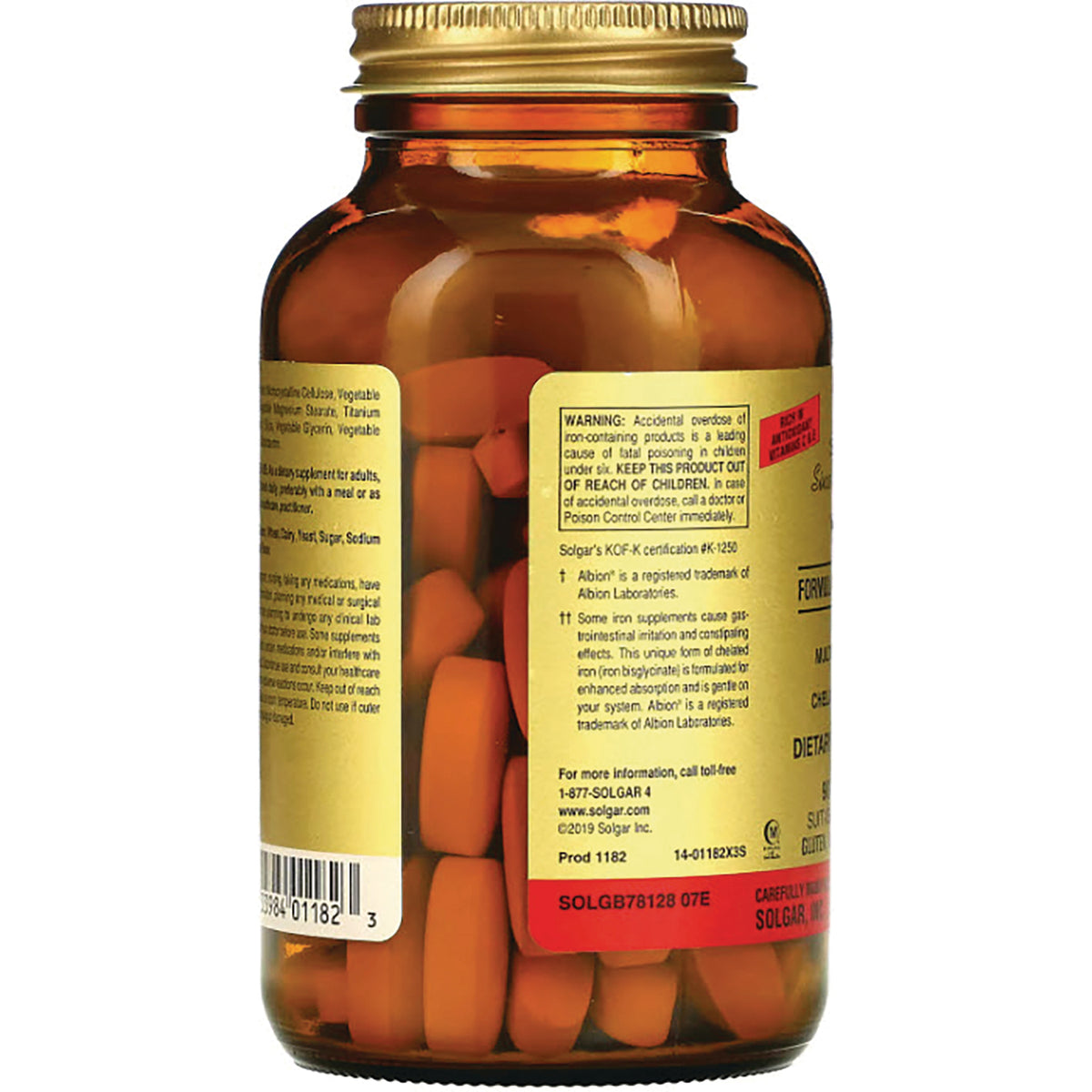 SLG223 | amber glass supplement bottle back showing warning label, barcode, and orange tablets inside