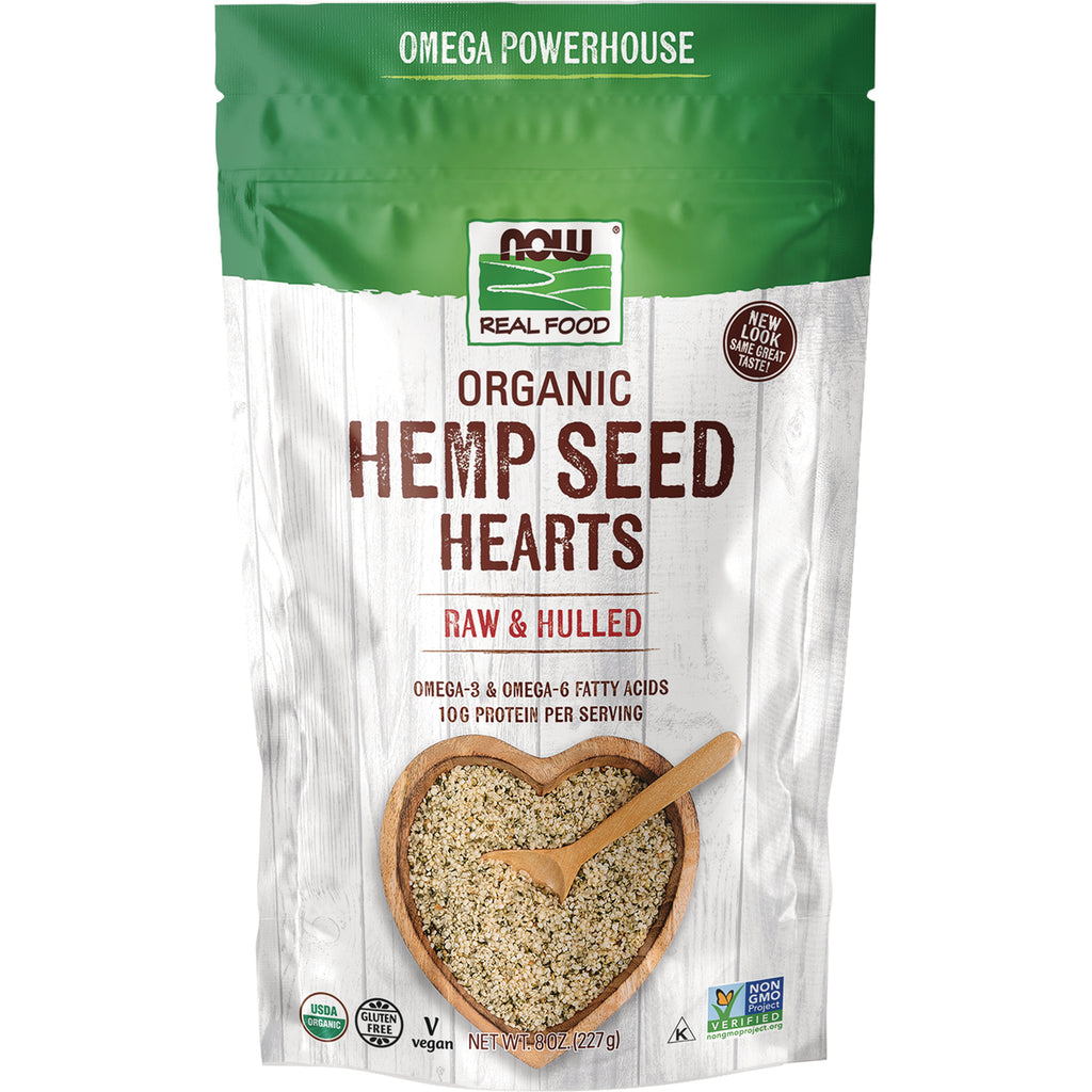 NWF1198 | NOW Real Food organic Hemp Seed Hearts pouch, raw & hulled, heart-shaped bowl of seeds with wooden spoon - Thumbnail
