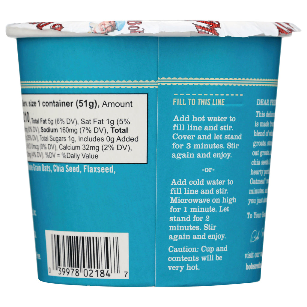 BOB226 | Back of blue instant oatmeal cup showing fill line, cooking instructions and barcode - Thumbnail