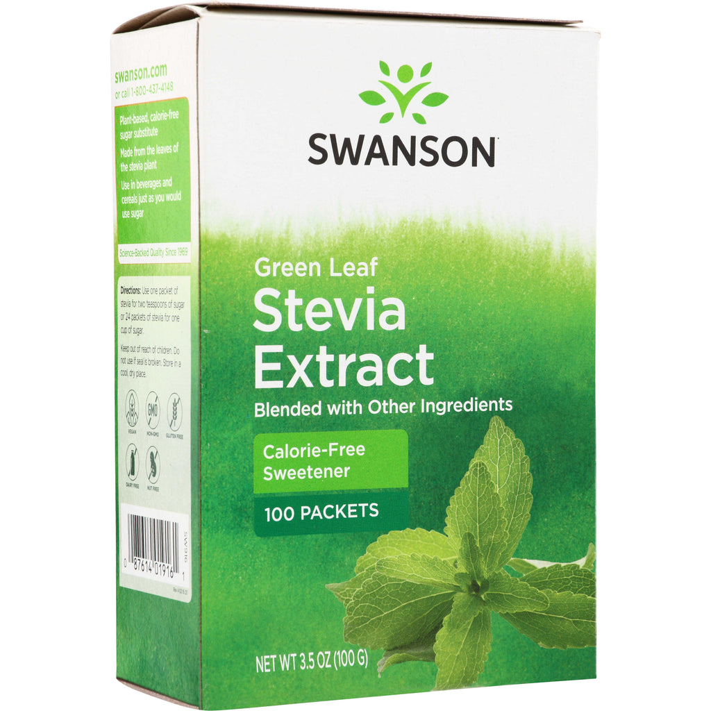 SW916 | Swanson Green Leaf Stevia Extract, 100 packets, calorie-free sweetener box - Thumbnail