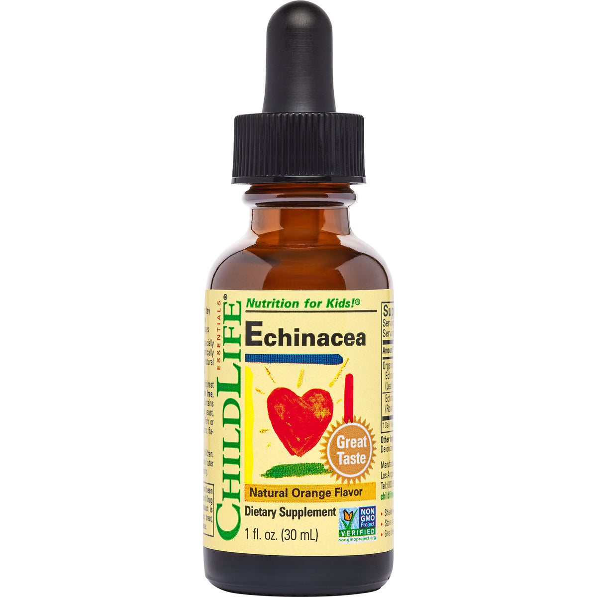 CHL006 | Brown glass dropper bottle labeled CHILDLIFE Echinacea natural orange flavor dietary supplement 1 fl oz