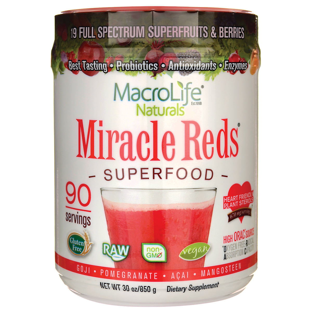 MCL004 | MacroLife Naturals Miracle Reds superfood powder container showing 90 servings and a red drink
