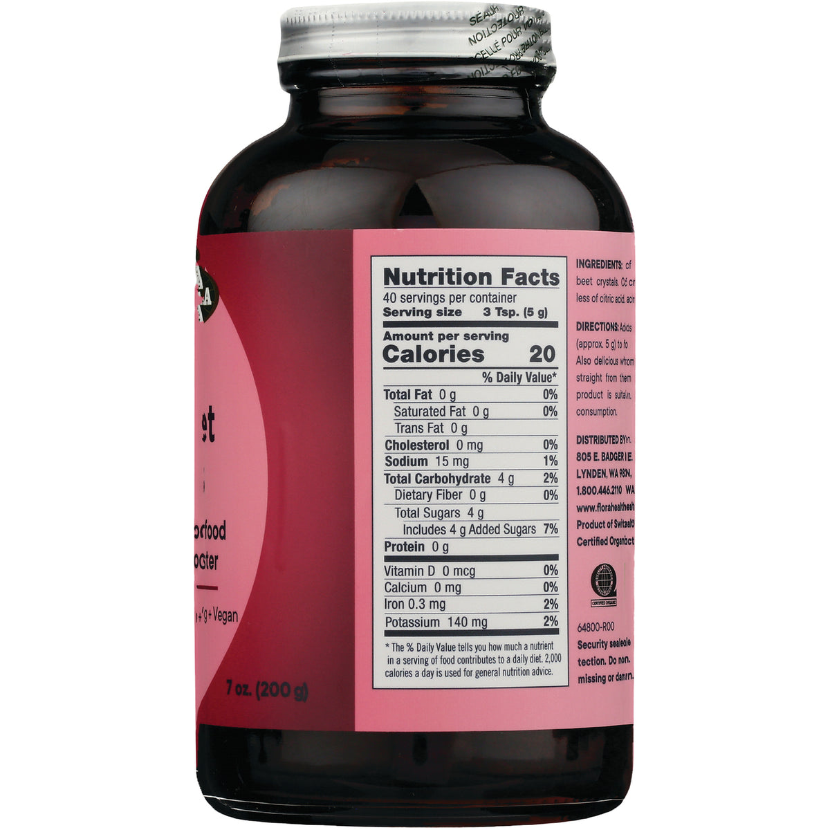 FL103 | Back of pink-labeled amber bottle showing Nutrition Facts panel, ingredient text, and net weight