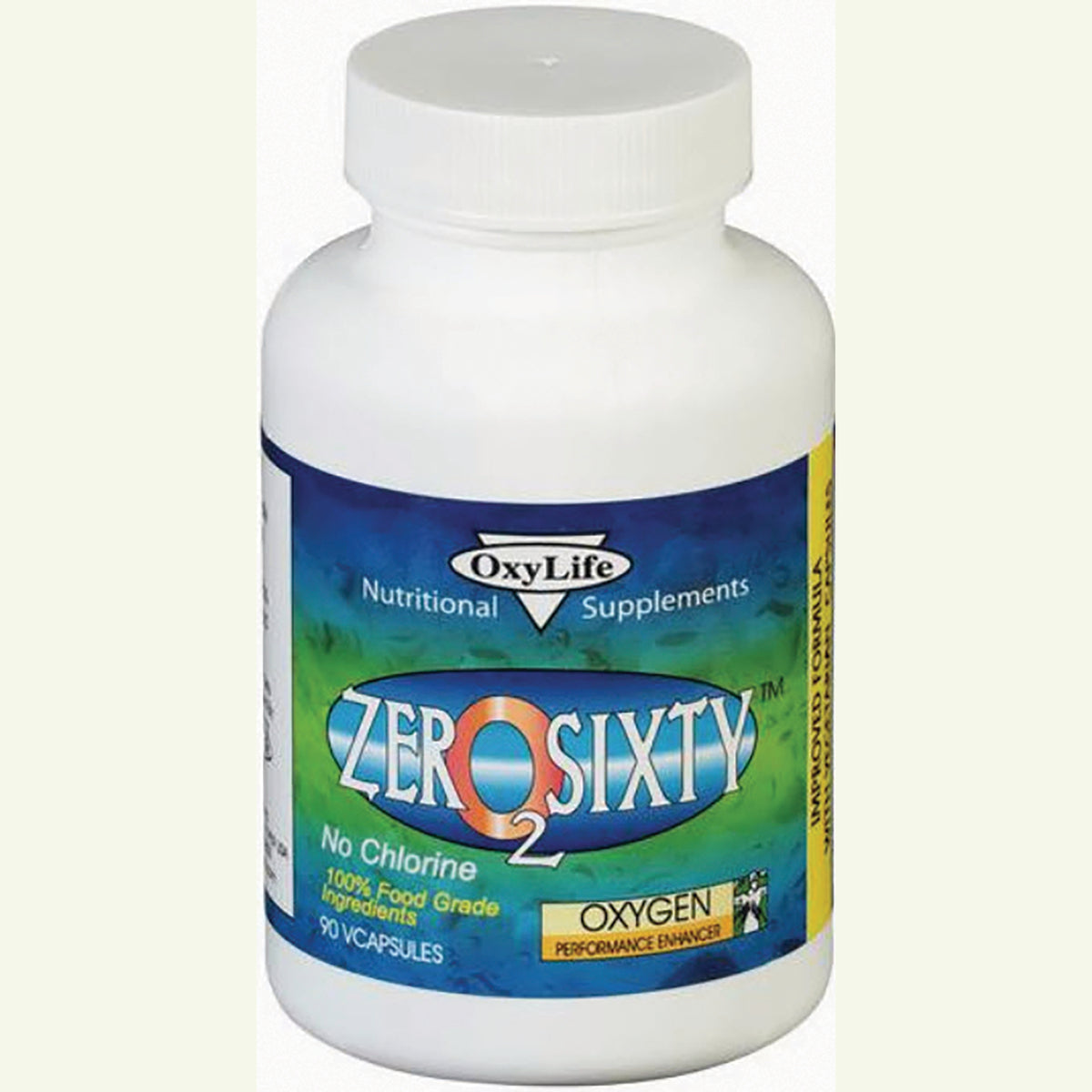 OXY007 | White supplement bottle labeled ZERO2SIXTY OxyLife, says No Chlorine and 90 VCAPSULES