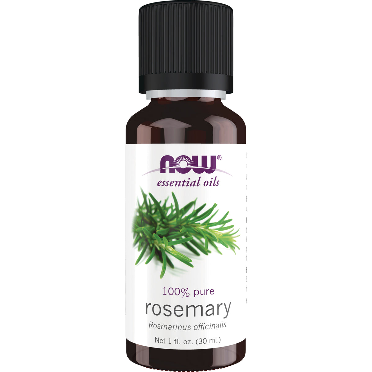 NWF149 | NOW essential oils 100% pure rosemary 1 fl oz (30 mL) brown bottle with black cap and rosemary sprig label