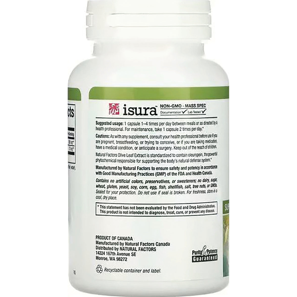 NFC076 | Back label of white supplement bottle showing ingredients, directions, and manufacturer information